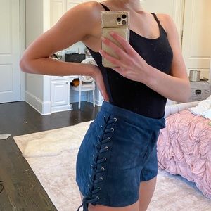Blue suede shorts